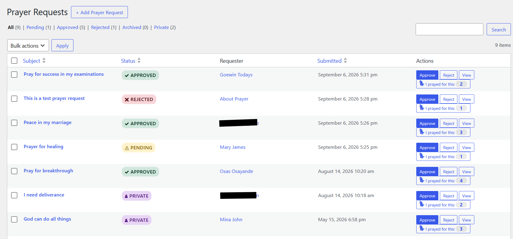 Intercessor Prayer Requests list with status filters, bulk actions, and prayed-for counters