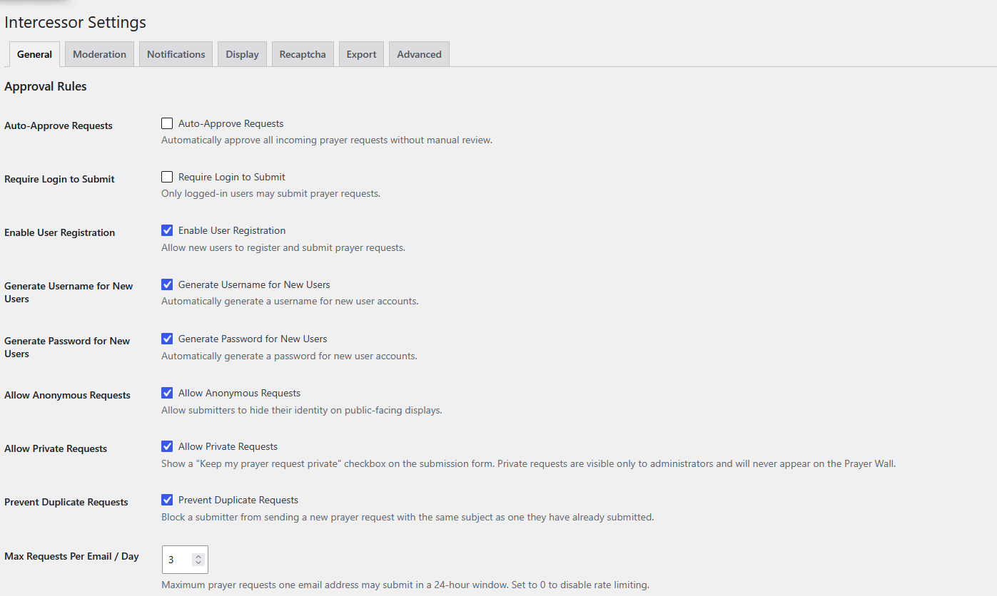 Intercessor Settings — General tab showing Approval Rules