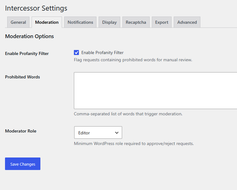 Intercessor Settings — Moderation tab showing the profanity filter and moderator role