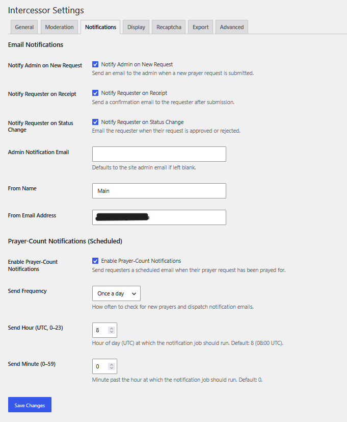 Intercessor Settings — Notifications tab showing email notifications and scheduled prayer-count notifications