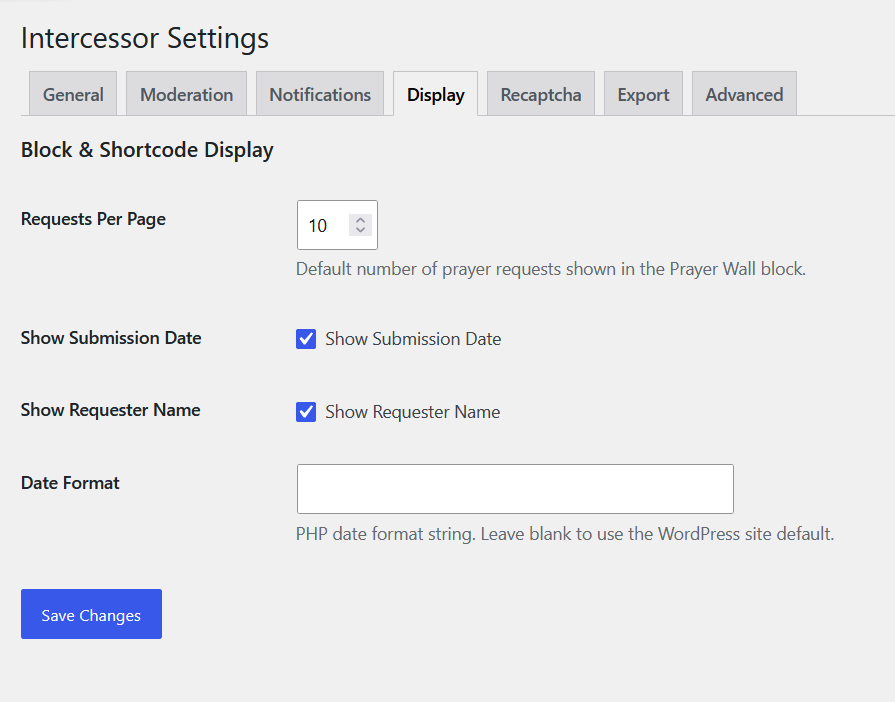 Intercessor Settings — Display tab showing block and shortcode display defaults