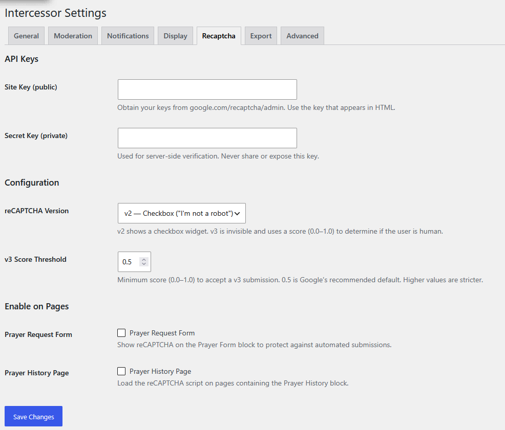 Intercessor Settings — Recaptcha tab showing API keys and configuration