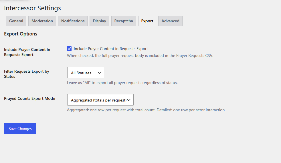 Intercessor Settings — Export tab showing export options