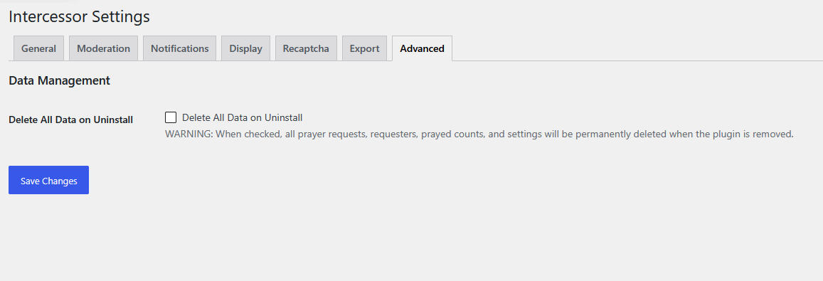 Intercessor Settings — Advanced tab showing the Delete All Data on Uninstall option