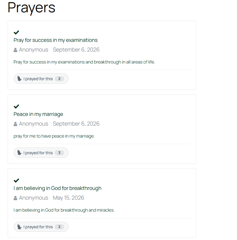 Prayer Wall block on the front end, showing approved requests with I prayed for this counters