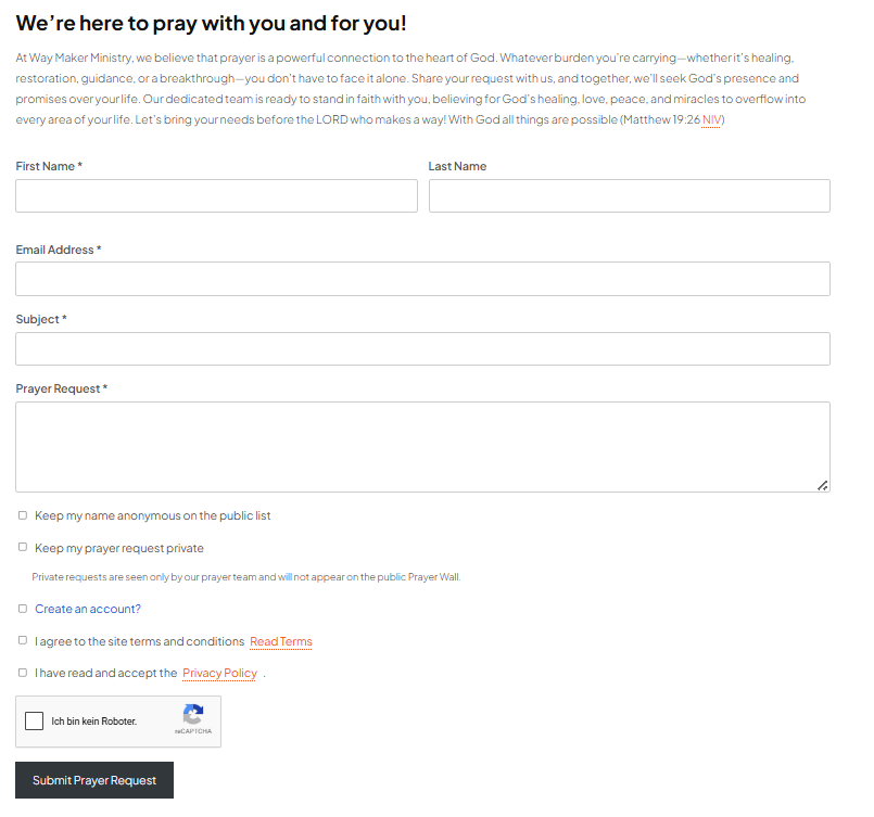Prayer Form block on the front end, showing the request fields and privacy options