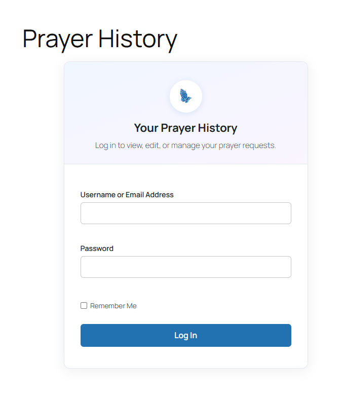 Prayer History block showing the login prompt for a visitor who is not logged in
