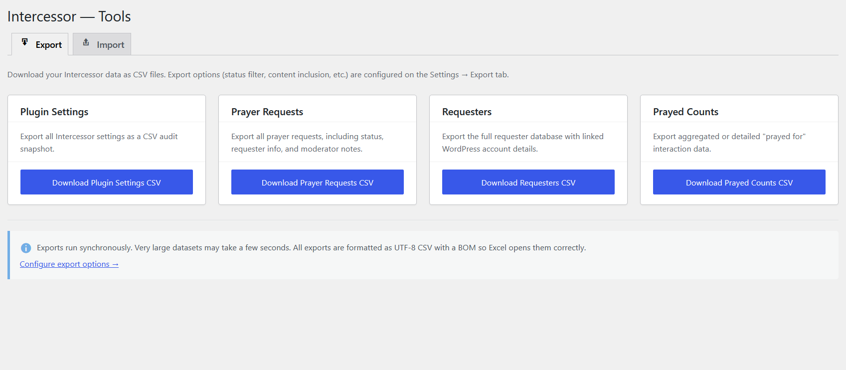 Intercessor Tools page showing the Export tab with CSV downloads for settings, prayer requests, requesters, and prayed counts